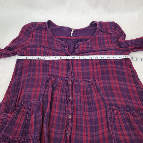 Free People Whistle While You Work Gauzy Purple Plaid Tiered Button Up Tunic Top - Picture 14 of 15